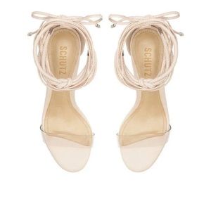 SCHUTZ Jessie Mid Block Nappa Leather and Vinyl Sandal - Rose Beige